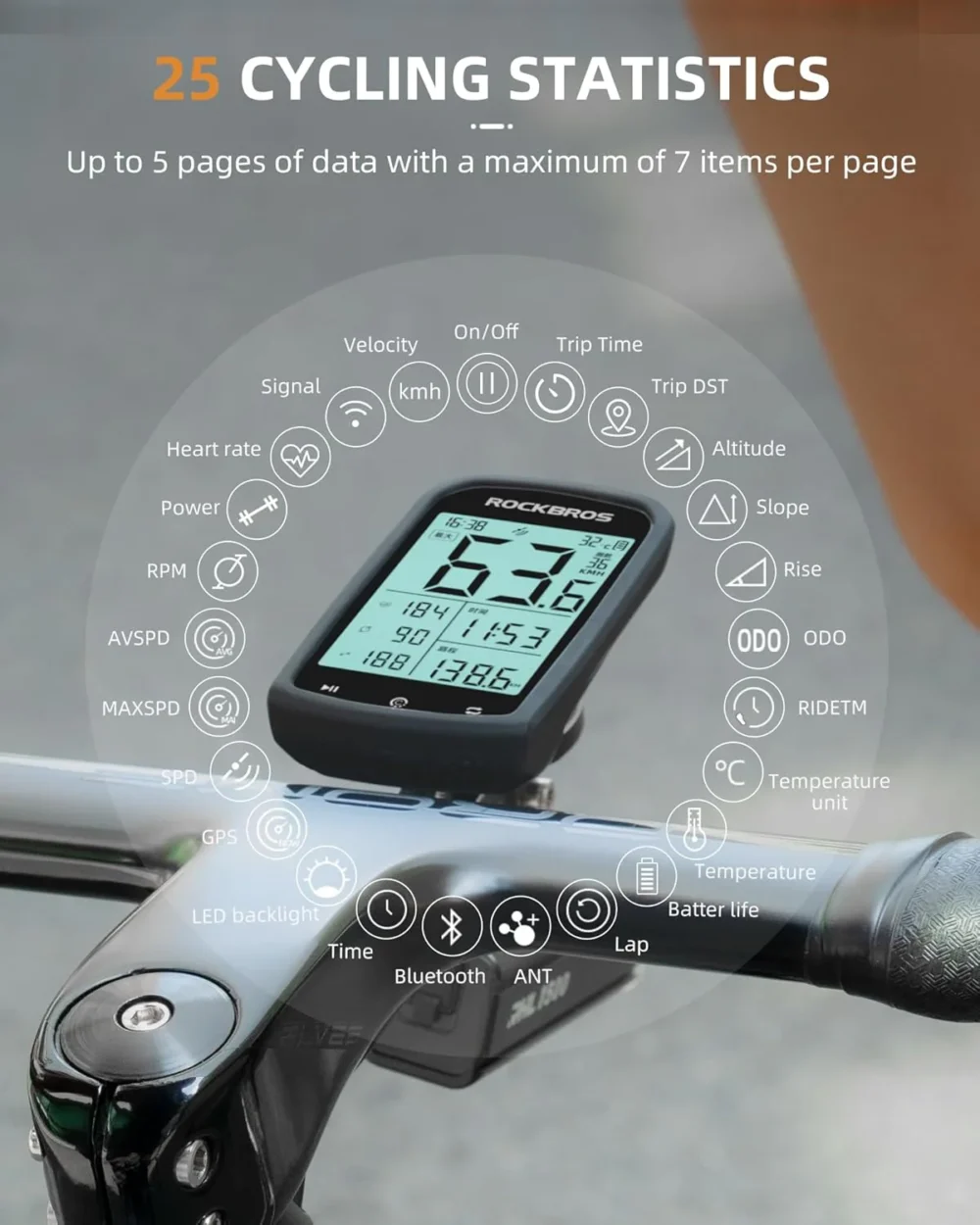 Rockbros M1 bike wireless computer GPS 25 cycling statistics