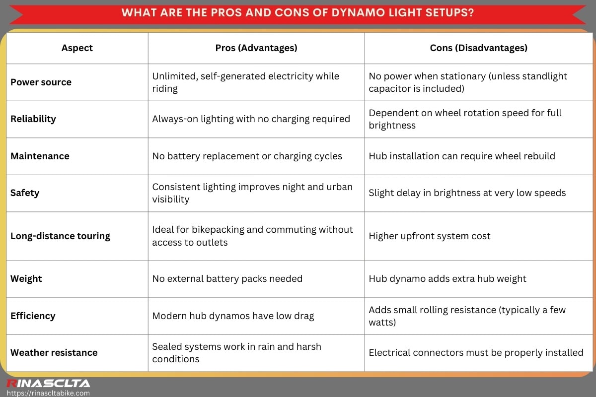 What are the pros and cons of dynamo light setups
