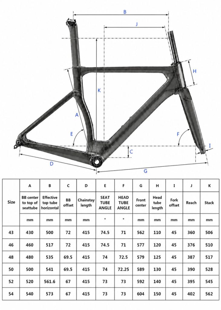 Rinasclta X-AERO Frameset | Carbon Aerodynamic Bike Disc Brake Frameset | T47+ UDH Rinasclta X-AERO road bike frameset geometry