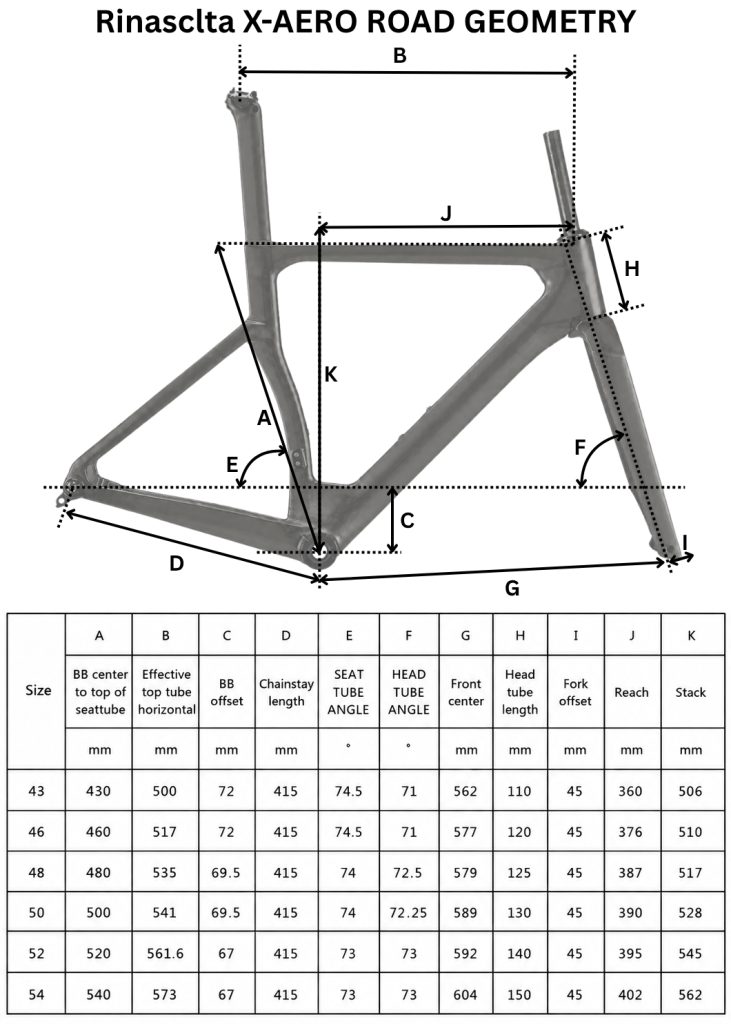 Rinasclta X-AERO Frameset | Carbon Aerodynamic Bike Disc Brake Frameset | T47+ UDH Rinasclta X-AERO road bike frameset geometry raw carbon